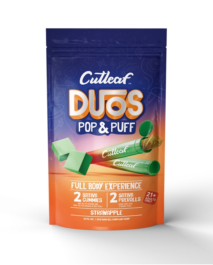 CUTLEAF DUOS POP&PUFF -STRAWAPPLE** TWO PREROLLS + TWO GUMMIES **