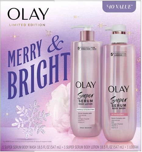 OLAY MERRY & BRIGHT GIFT PACK  (18.5OZ LOTION, 18.5OZ BODY WASH, 1 LOOFAH)**AVAILABLE BY SPECIAL ORDER & EMAIL ONLY, ALLOW 14 DAYS LEADTIME