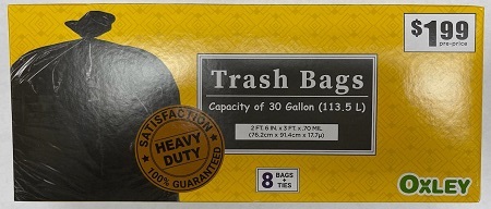 OXLEY HEAVY DUTY TRASH BAG 30GAL 8CT(PRE-PRICE $1.99)
