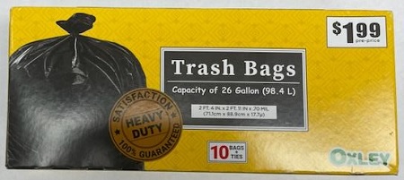 OXLEY HEAVY DUTY TRASH BAG 26GAL 10CT(PRE-PRICE $1.99)