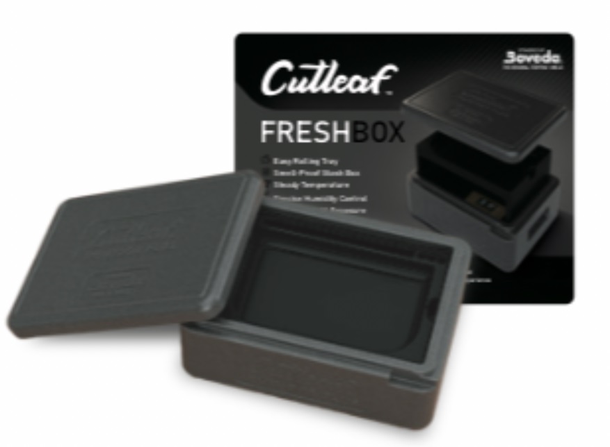 CUTLEAF FRESH BOX - BLACK AMBERCANNABIS HUMIDOR TO KEEP INSIDE FRESH + ROLLING TRAY